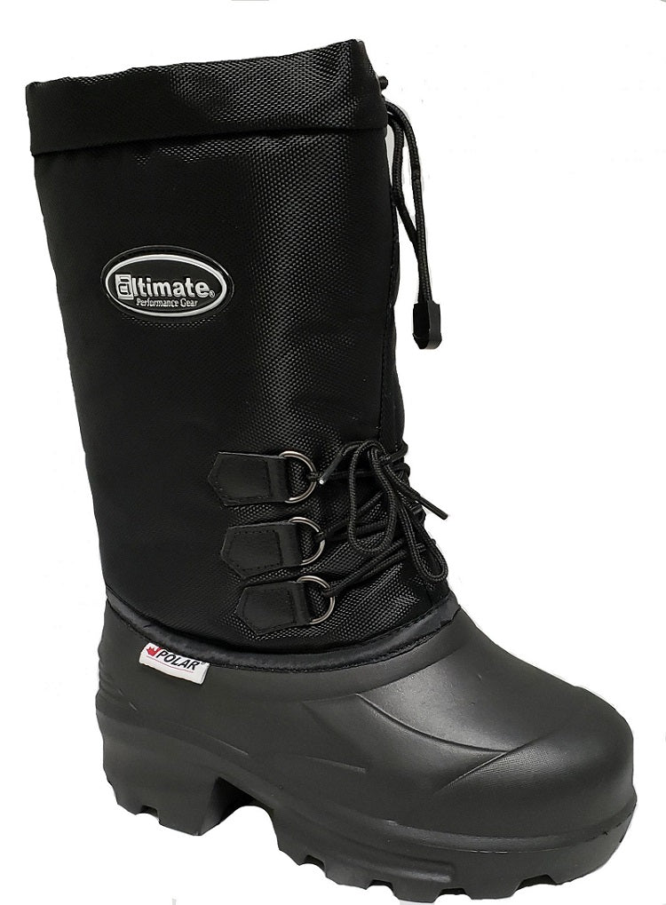 A black women's snow boot with lace-up closure and a pull tab on the upper. The boot has a thick, rubber sole for grip on snowy surfaces. A black women's snow boot with lace-up closure and a pull tab on the upper. The boot has a thick, rubber sole for grip on snowy surfaces.