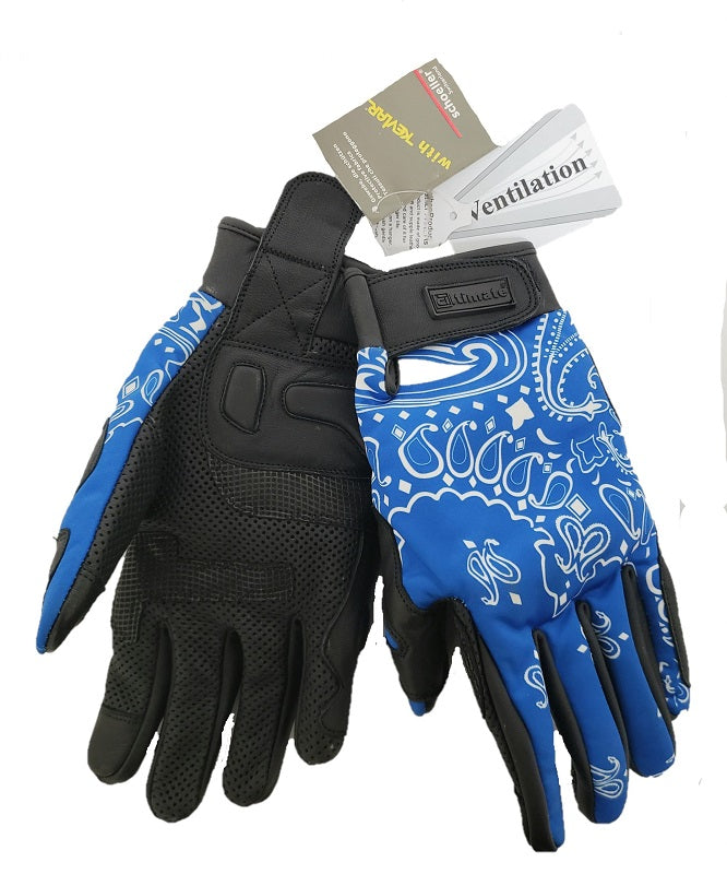 Blue n White Paisley Motorcycle glove with Kevlar palm