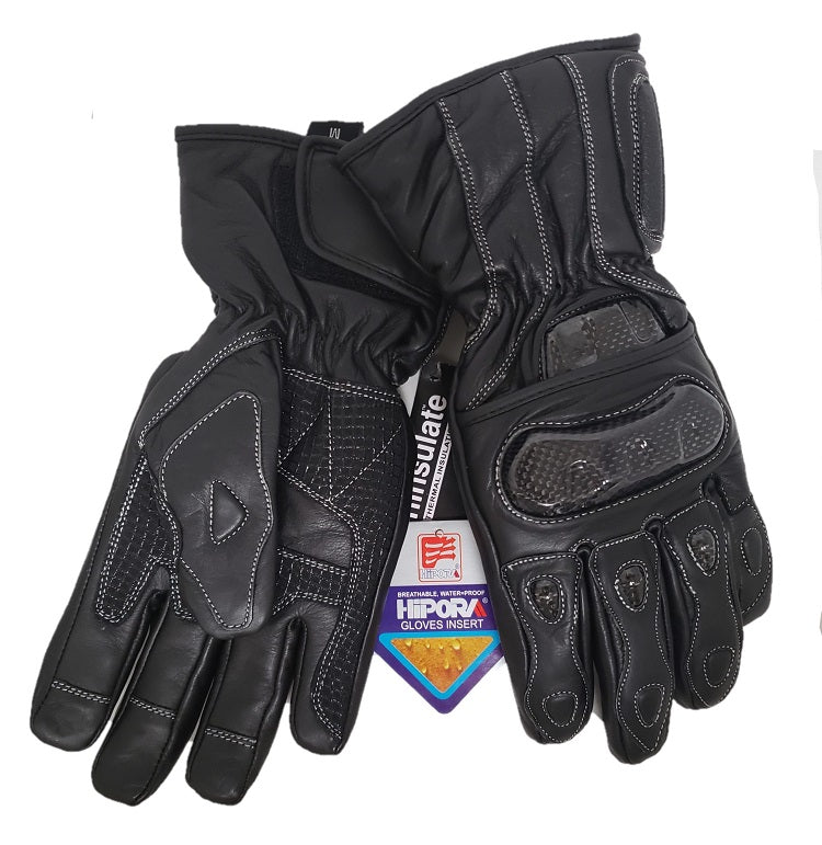 A pair of black leather cold weather gloves with padding, Thinsulate lining, and carbon fiber knuckle protection, featuring a Velcro strap.