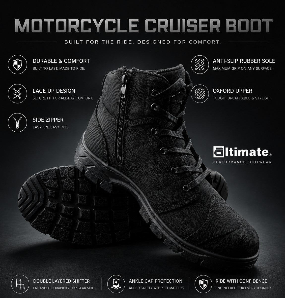 Black lightweight motorcycle boots with side zipper