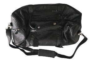 Black leather duffel bag with shoulder strap on a white background