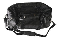 Black leather duffel bag with shoulder strap on a white background