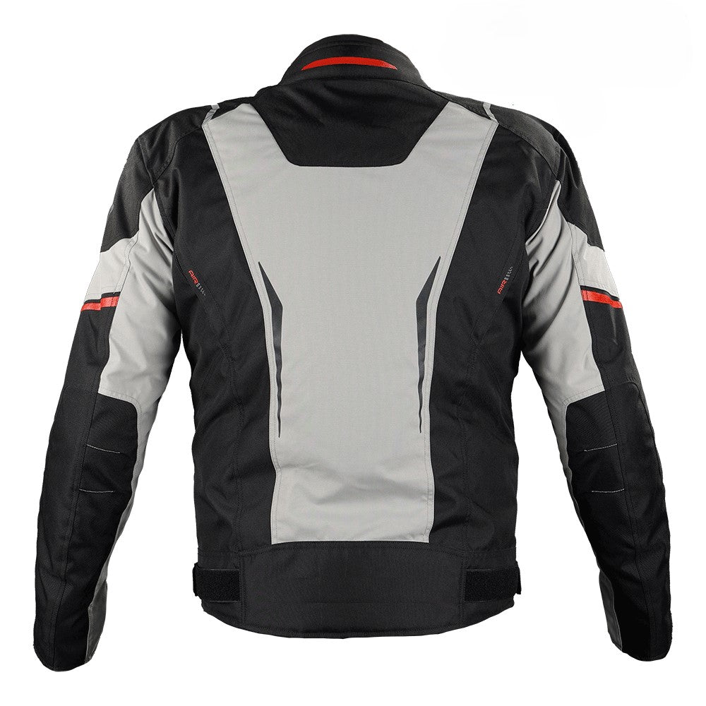 Black and beigh motorcycle jacket with red accents on a white background
