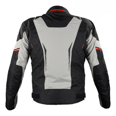 Black and beigh motorcycle jacket with red accents on a white background