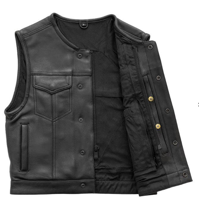 Leather vest with mesh lining, armored pocket zipper closure