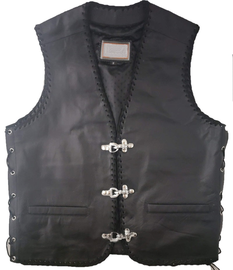 Men's V Neck Leather Skull Motorcycle Vest with Fish Hooks