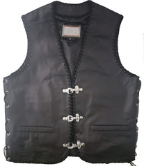 Men's V Neck Leather Skull Motorcycle Vest with Fish Hooks