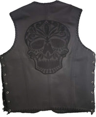 Men's V Neck Leather Skull Motorcycle Vest with Fish Hooks