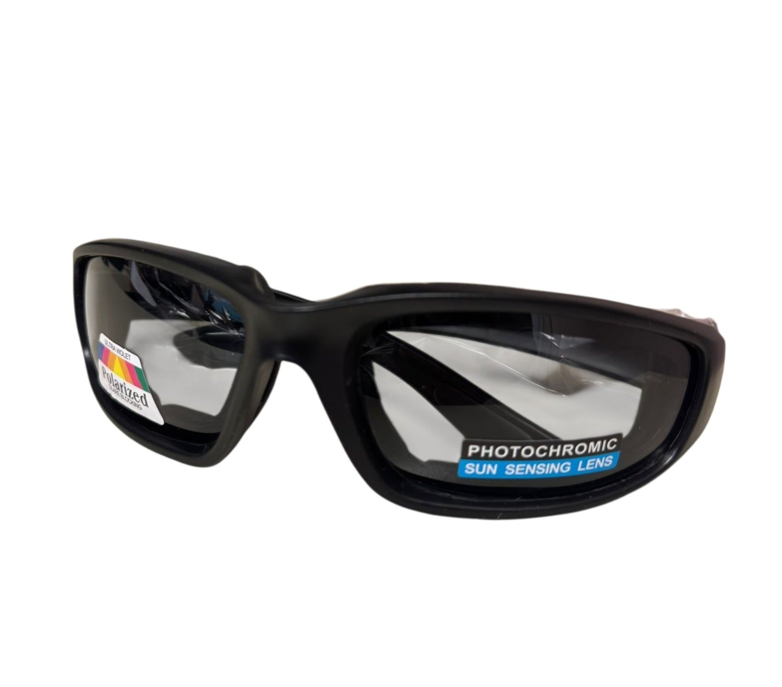 Black sunglasses with photochromic lens with padded foam around eyes for wind