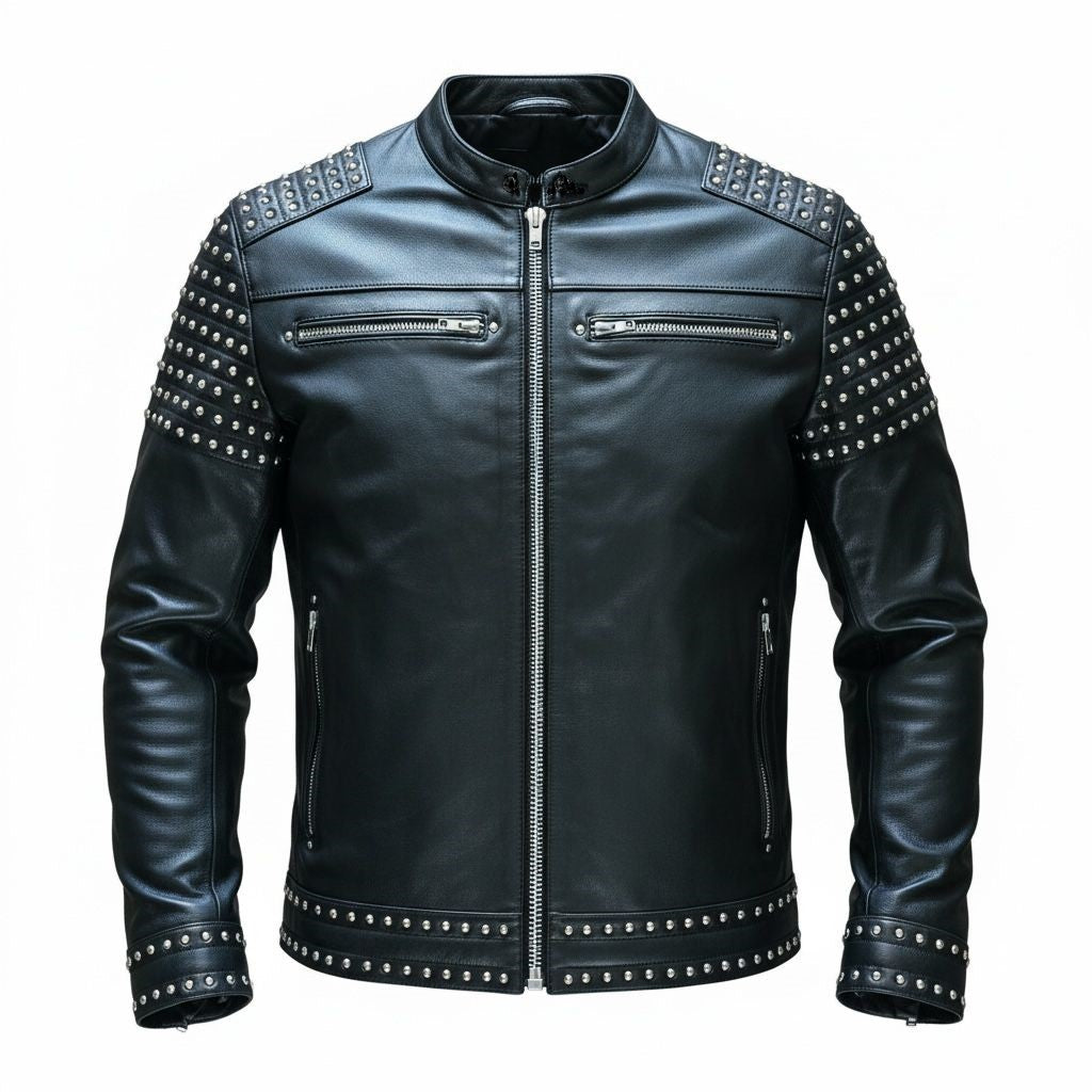 Black leather jacket with studded details 