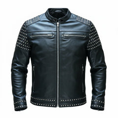 Black leather jacket with studded details 