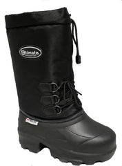 A black women's snow boot with lace-up closure and a pull tab on the upper. The boot has a thick, rubber sole for grip on snowy surfaces.