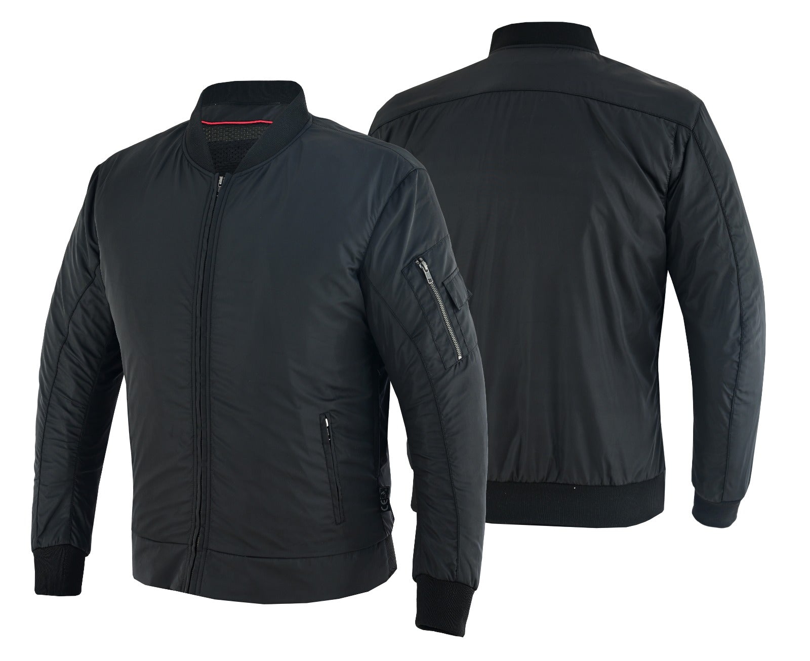 Black bomber jacket shown from front and back on a white background