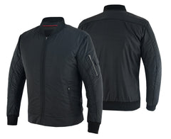 Black bomber jacket shown from front and back on a white background