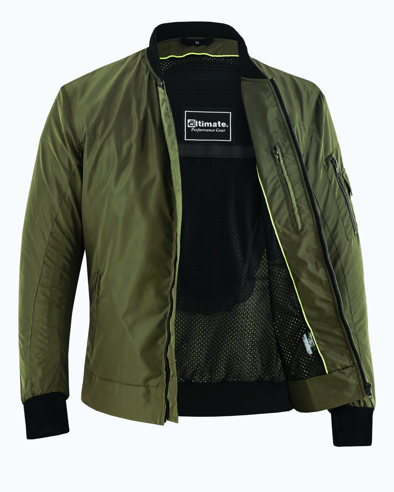 Bomber jacket style opens with zipper front
