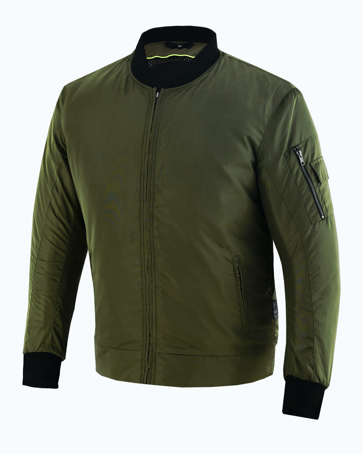 Green bomber jacket with black cuffs and collar owith shoulder pocket