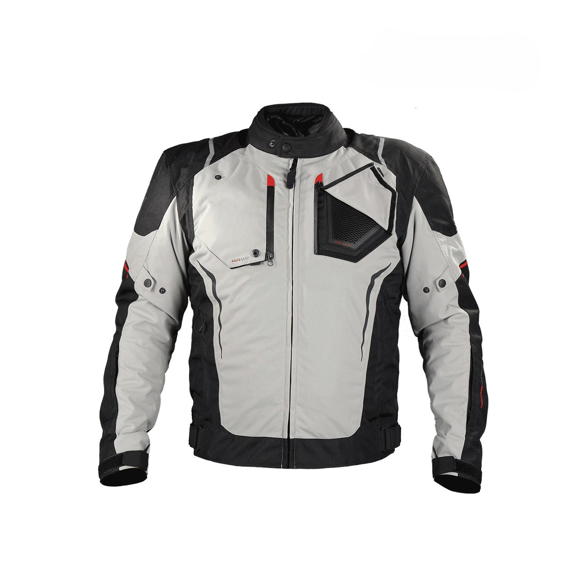 Gray and black motorcycle jacket with red accents on a white background