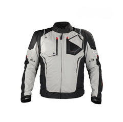 Gray and black motorcycle jacket with red accents on a white background