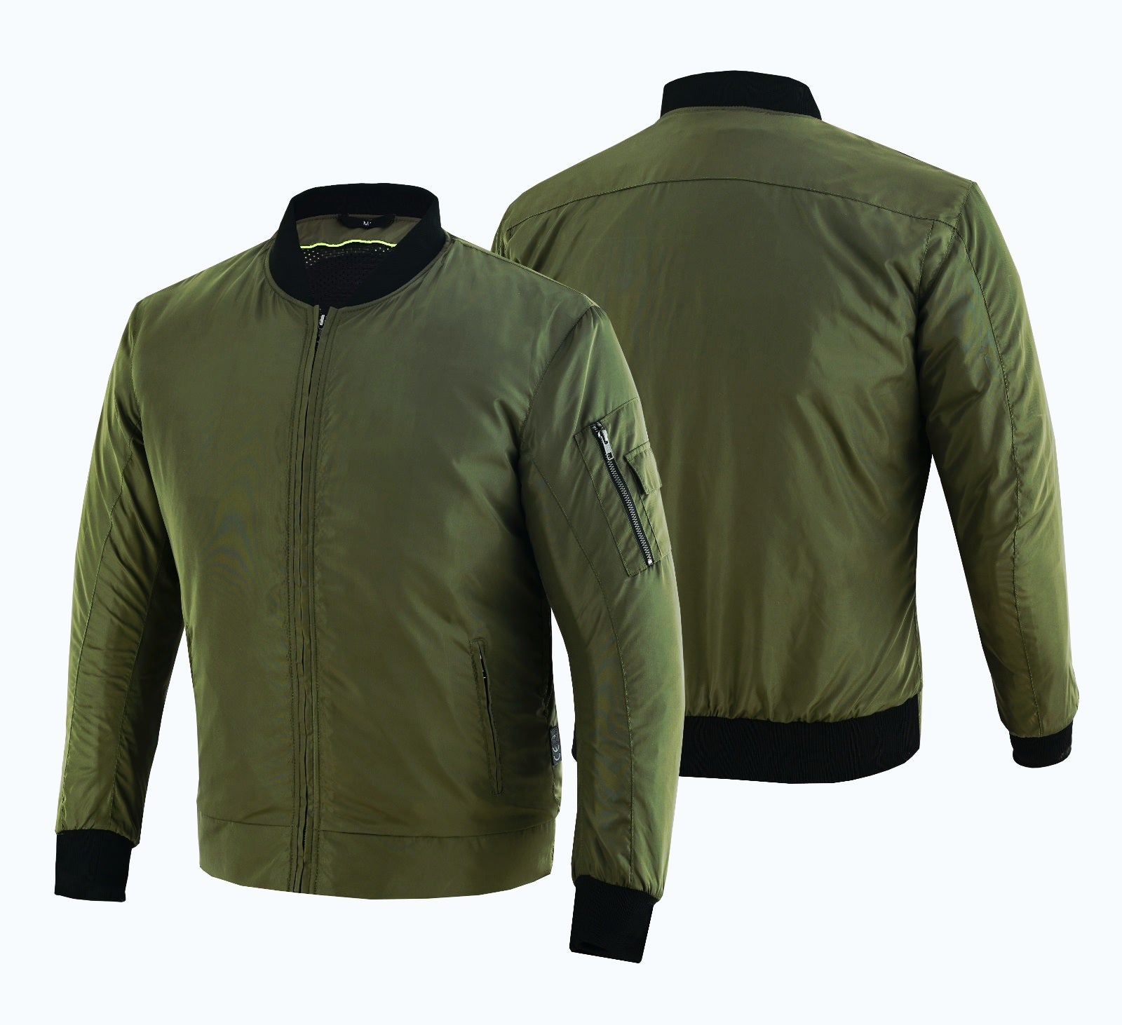 Green bomber jacket shown from front and back on a white background
