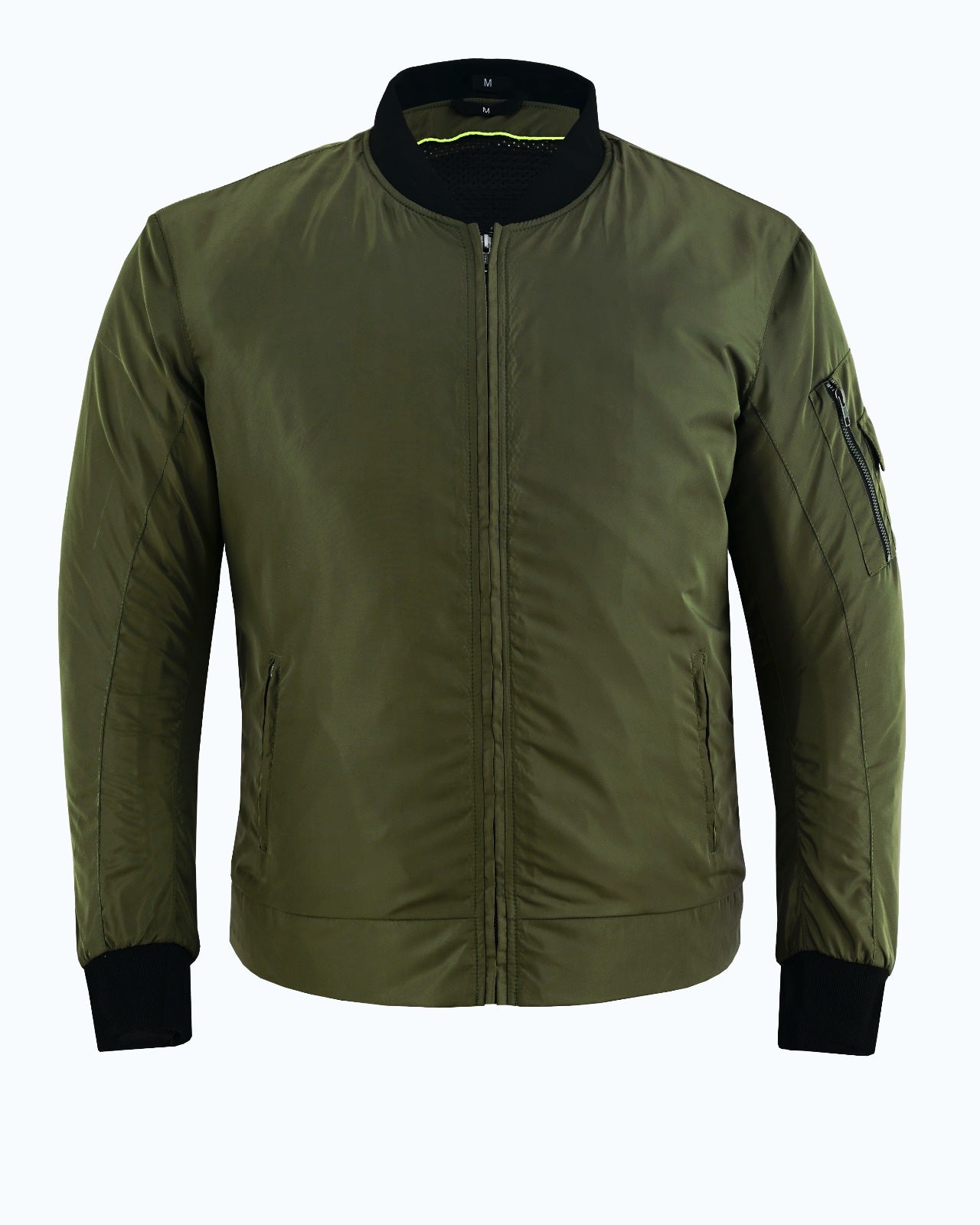 Green bomber jacket with black cuffs and collar on a white background