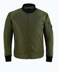 Green bomber jacket with black cuffs and collar on a white background